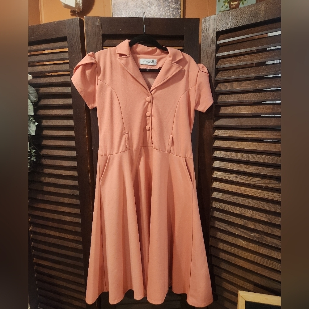 Elegant Peach Midi Dress with Button Details